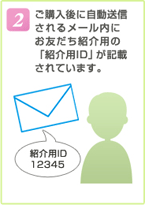 2.ご購入後に自動送信されるメール内にお友だち紹介用の「紹介用ID」が記載されています。